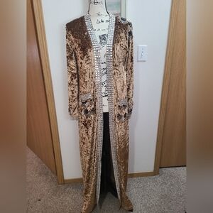 Gold Crushed Velvet Embellished Sparkle Beaded Cardigan Duster Jacket